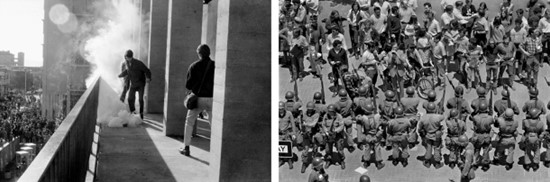 Left, a tear gas canister landing on the balcony of the Student Union building at the University of California, Berkeley, May 19, 1969; National Guard troops on the campus.