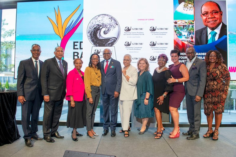 Hon. Edmund Bartlett, Minister of Tourism (centre left) and Dr. Gervan Fearon, President, George Brown College (far left) presented Citations for Tourism Resilience on behalf of the GTRCMC to (from left) Harold Shearer; Dr. Pamela Appelt; Adaoma Patterson; Dr. Mary Ann Chambers; Dina Bertolo, Air Canada Vacations; Mary Bishop; and Natasha Borota, Helping Hands Jamaica Foundation. Recipients were joined on stage by Donovan White, Director of Tourism, JTB and Angella Bennett, Regional Director, Canada, JTB.