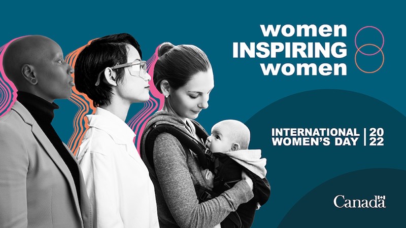 Image of International Women’s Day 2022 with this year’s theme “Women Inspiring Women”. The Canada wordmark appears in the right bottom corner.