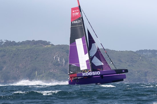 Above and below: Erwan Le Roux&#x27;s Ocean Fifty Koesio, winner of 2022 Route du Rhum and this year’s Pro Sailing Tour