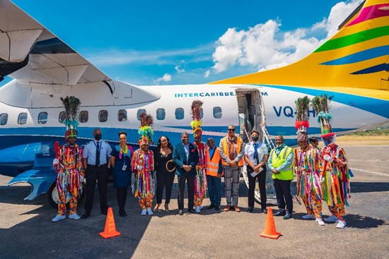 From left: Lyndon Gardiner, Chairman of interCaribbean Airways; St. Kitts and Nevis Prime Minister, Dr. Terrance Drew; and Minister of Tourism Marsha Henderson celebrate new air service to St. Kitts.