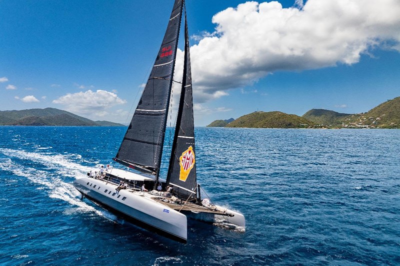 Adrian Keller's 84ft Irens-designed catamaran Allegra win the Nanny Cay Cup in the Round Tortola Race 