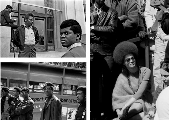 Clockwise from top left, Black Panther Party supporters outside the Alameda County Courthouse, Oakland Calif.; Kathleen Cleaver, National Communications Secretary of the Panthers, at a May Day rally to free Huey Newton in San Francisco, 1969; Black Panther security at DeFremery Park in Oakland.