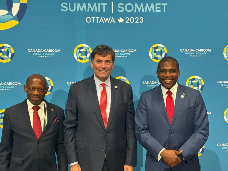 (L-R) Minister of Foreign Affairs et al, Rt. Honourable Dr. Denzil Douglas; Canada's Minister of Public Safety, Democratic Institutions, and Intergovernmental Affairs, Honourable Dominic Leblanc; Prime Minister of Saint Kitts and Nevis, Honourable Dr. Terrance Drew